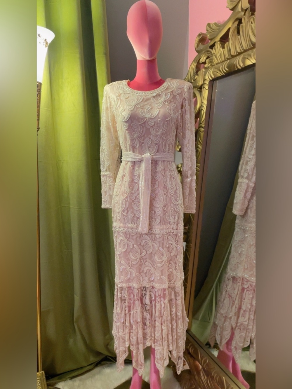 Pink Lace Long-Sleeve Maxi Dress with Self-Tie Belt